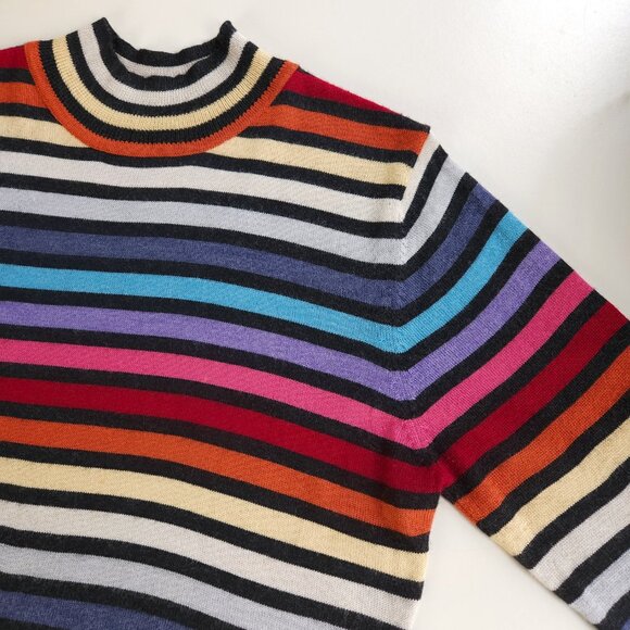 Vintage wool multicolor stripe mock neck fine knit sweater top long sleeve women - Picture 10 of 10